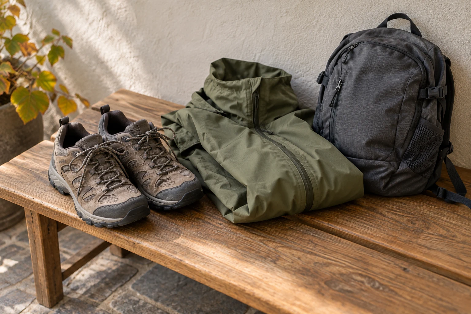 Walking shoes, a folded rain jacket and a small daypack arranged on a timber bench.