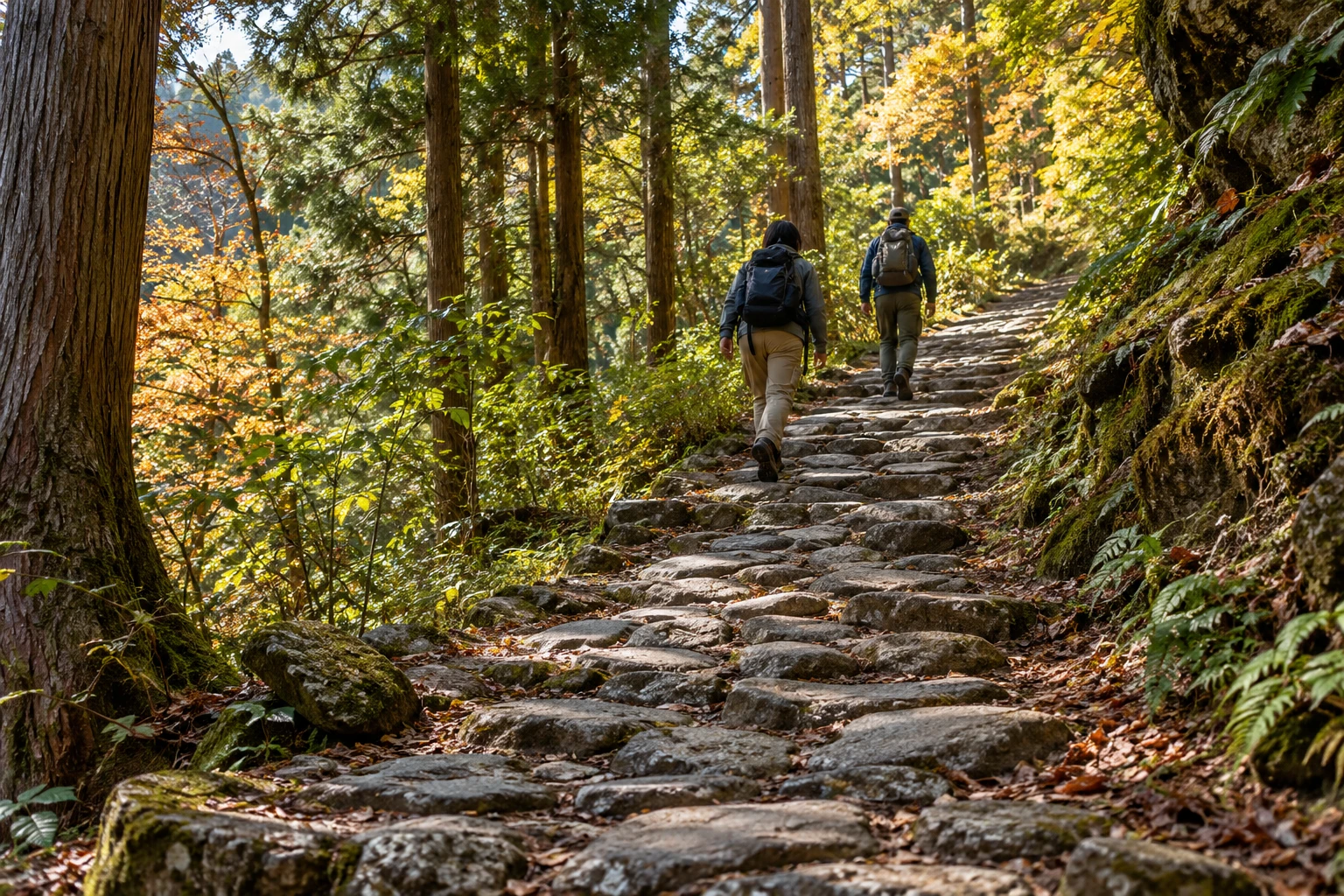 Conceptual forest walking scene with two adults carrying small day packs on an ascending stone path.