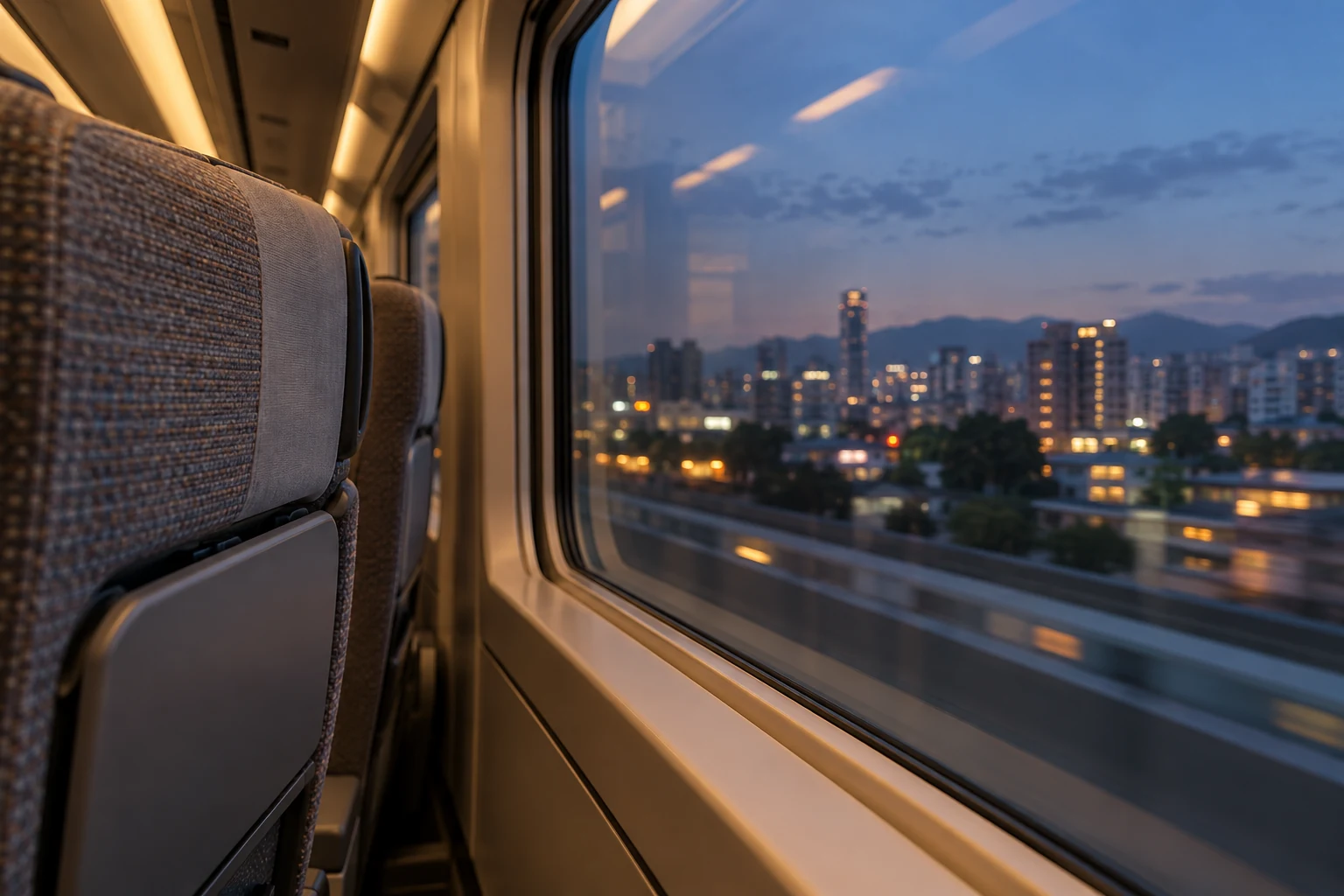 Conceptual close view along empty high-speed train seats toward a softly lit Taiwanese city at dusk.