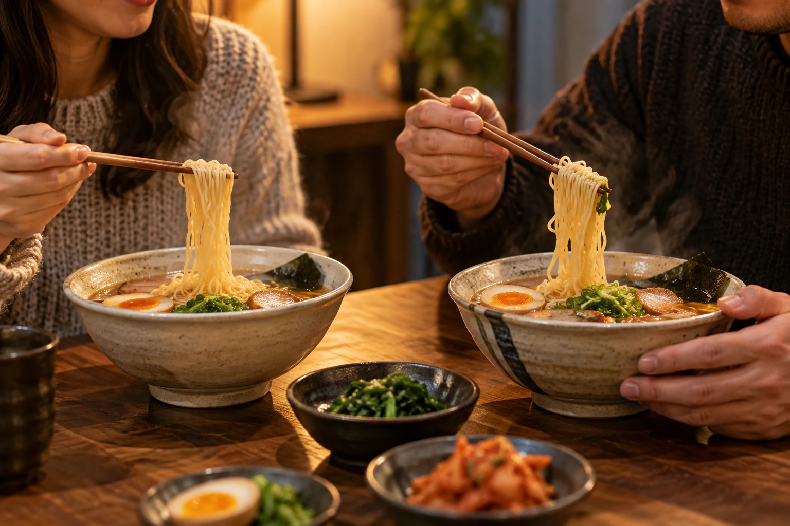 Conceptual eye-level view of two adults sharing ramen at a small indoor table.