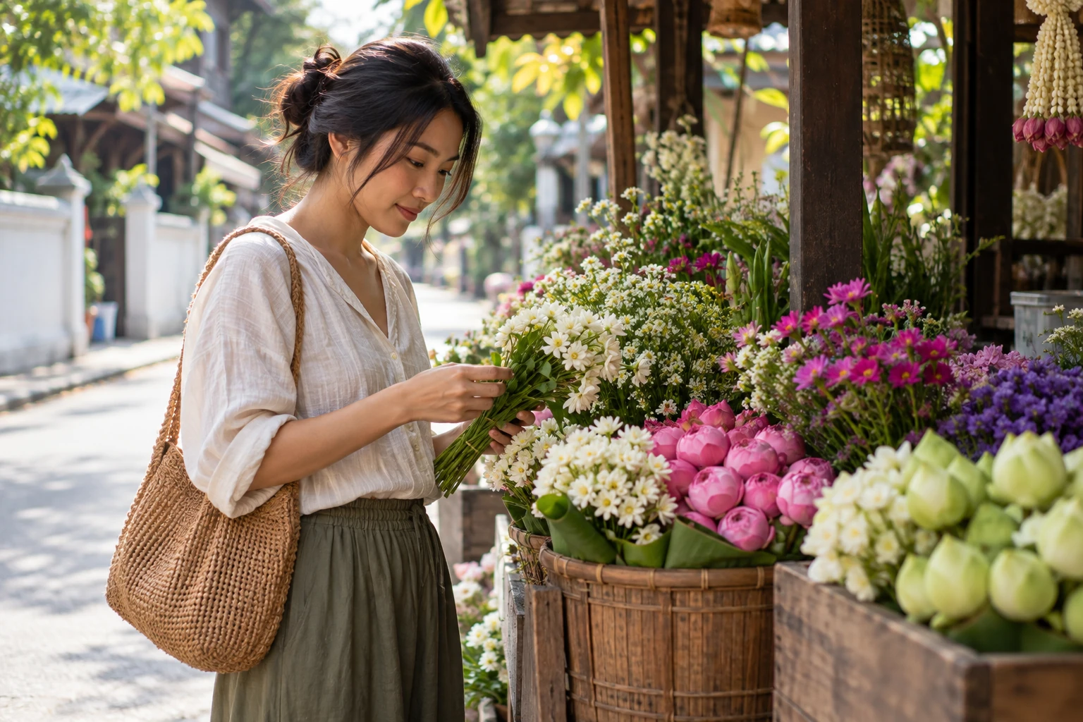 A traveler browsing fresh flowers at an imagined Thai street stall in warm late-morning light.