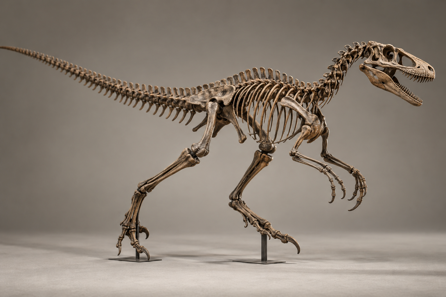 AI-generated conceptual dinosaur skeleton study against a warm grey studio background, with no museum architecture or visitors.