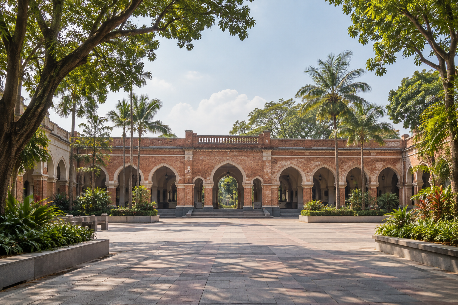 Generic red-brick civic arcade framed by tropical trees across an open pedestrian square.