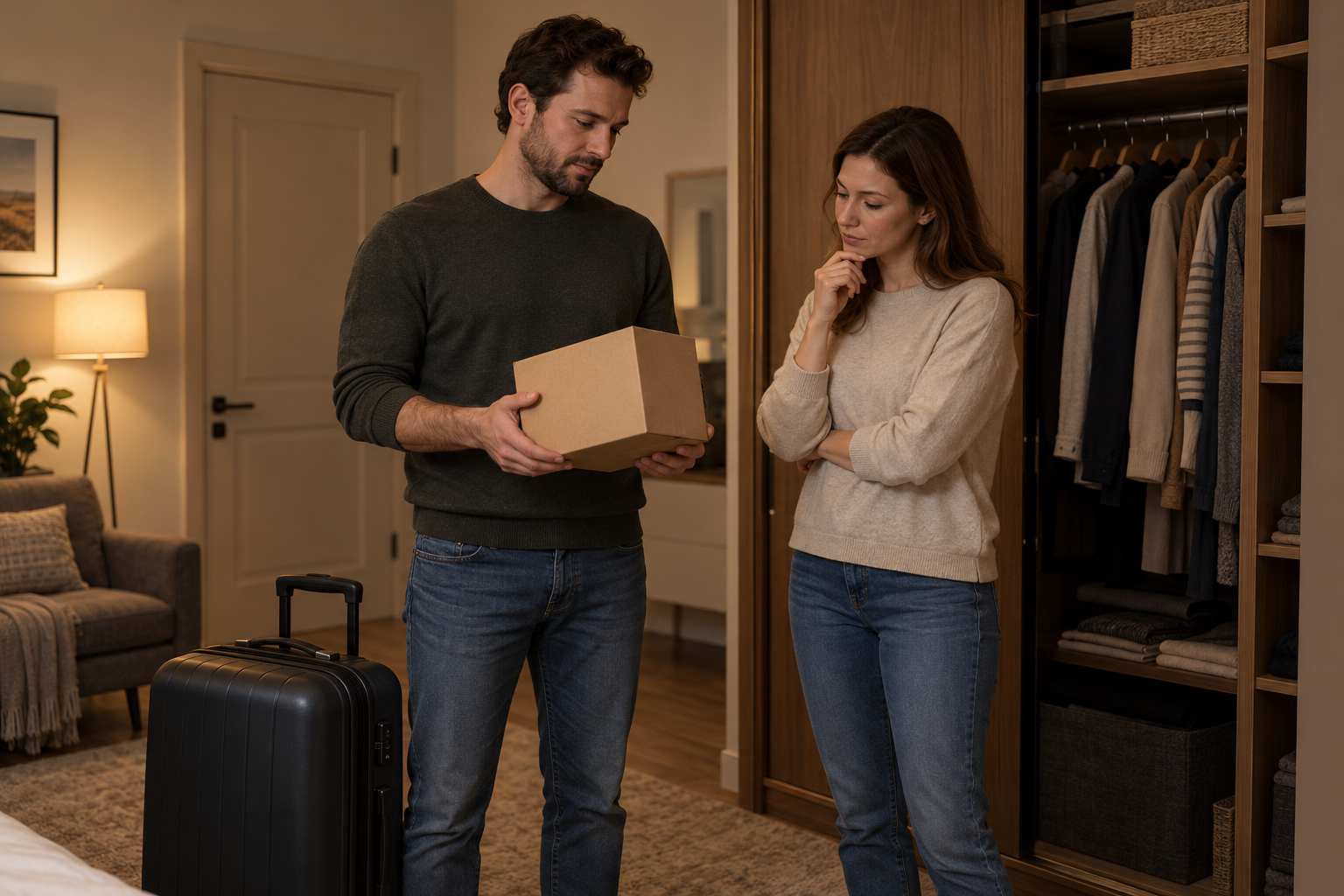 Two adults considering an unmarked boxed purchase beside a closed suitcase in a generic guest room.