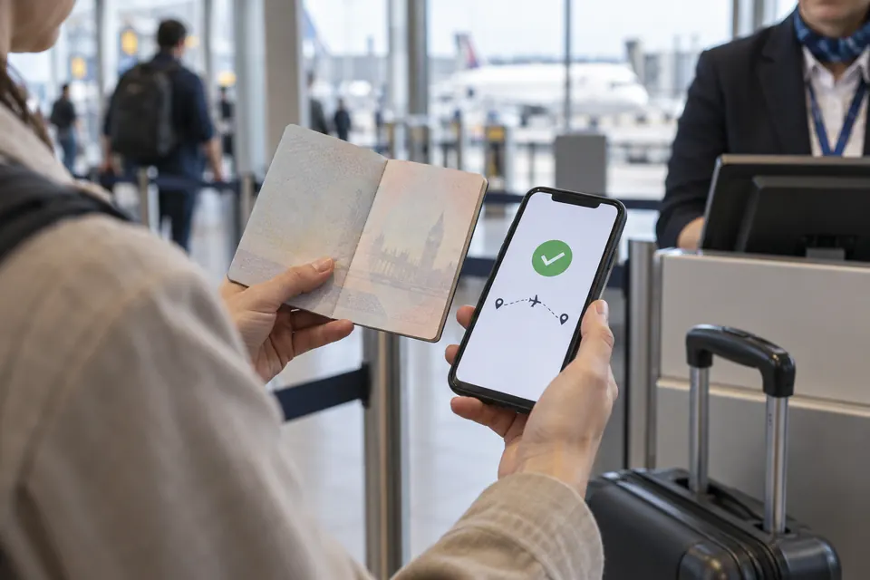 Traveler comparing a passport with a generic permission status on a phone at an airport document-check area.