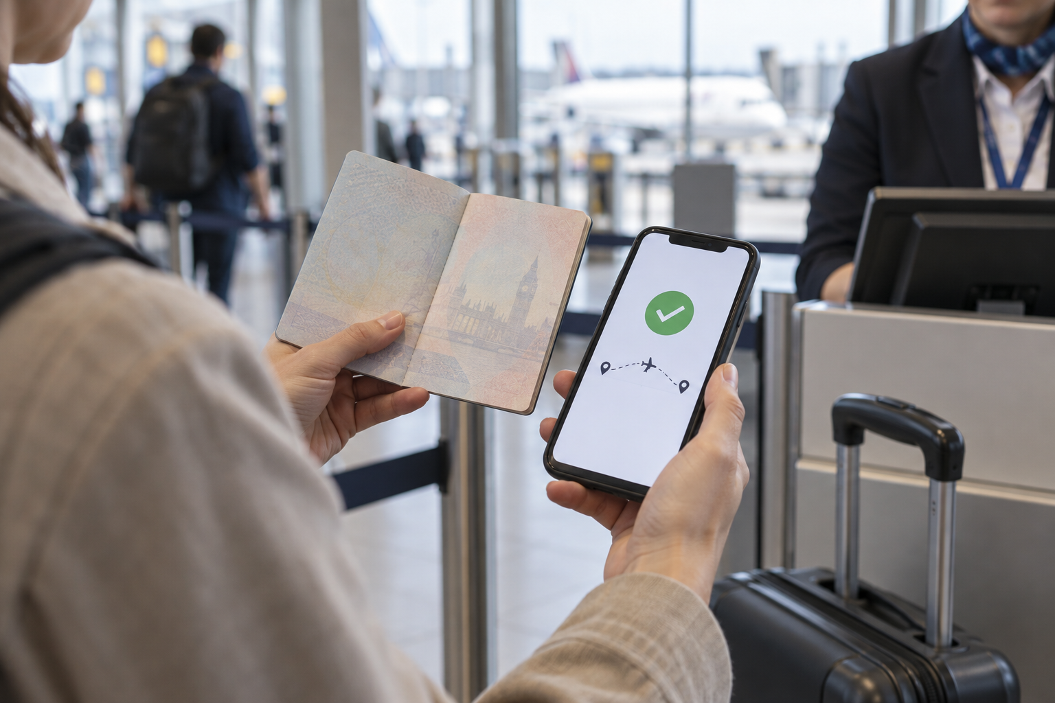 Traveler comparing a passport with a generic permission status on a phone at an airport document-check area.