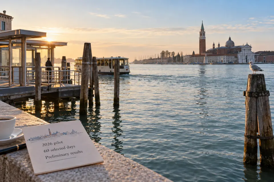 Early-morning Venice waterfront with a neutral trip-planning card explaining the 2026 access-fee pilot.