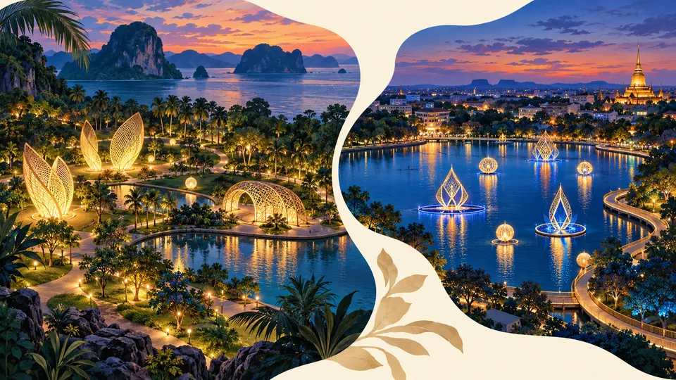 AI-generated conceptual illustration of two separate Thai-inspired park and lake light settings.