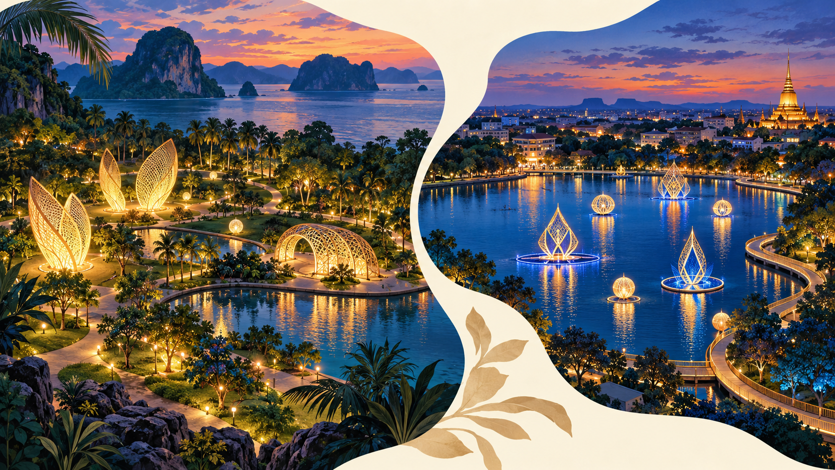 AI-generated conceptual illustration of two separate Thai-inspired park and lake light settings.