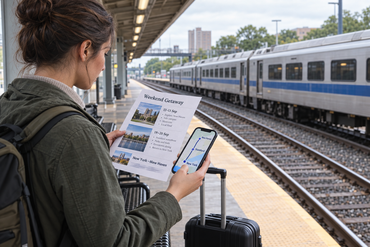 Traveller checking a dated rail itinerary and connection buffer for a weekend trip between New York and New Haven.